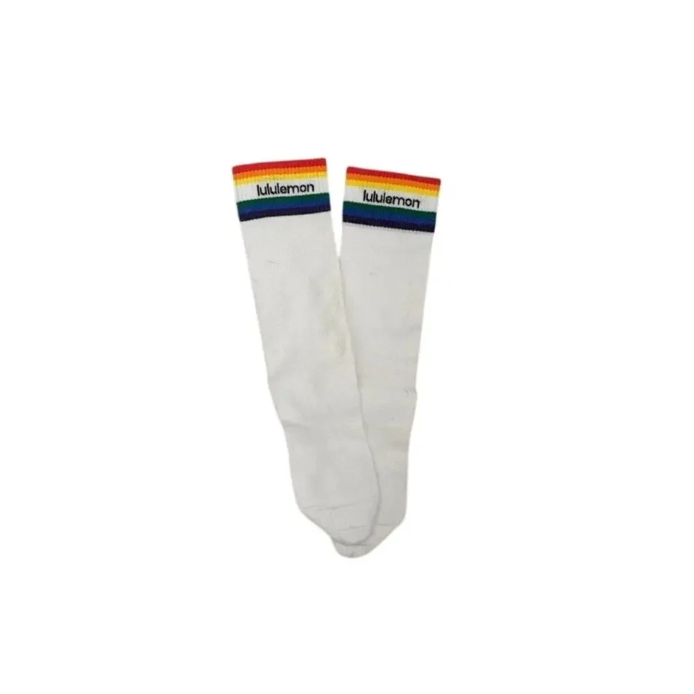 Lululemon Daily Stride White Rainbow Crew Socks Size Medium Women's 7-9 Mens 5-7